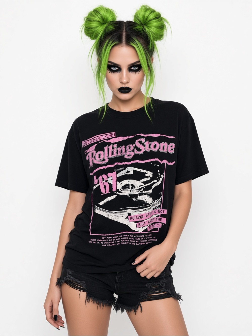 Rolling Stone Black Oversized Women’s T-Shirt w/ Pink & White Graphic Designs